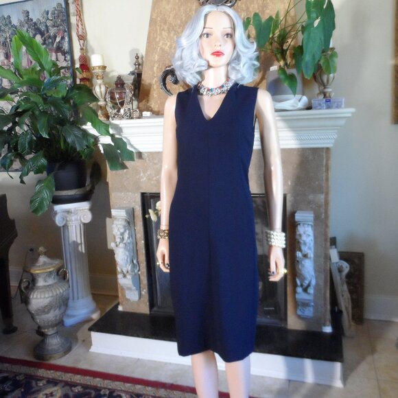 New Akris Navy Blue Wool-Blend V-Neck Sheath Dress Size US 10 - Picture 1 of 16
